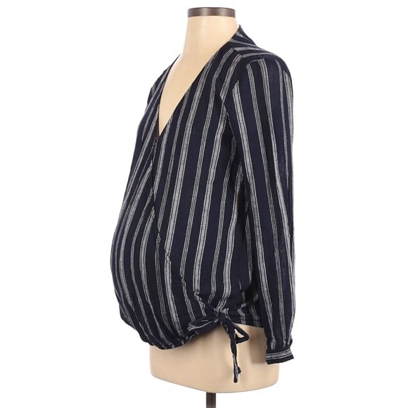 GAP Navy Striped Linen Maternity Wrap Top sz XS - Picture 2 of 6